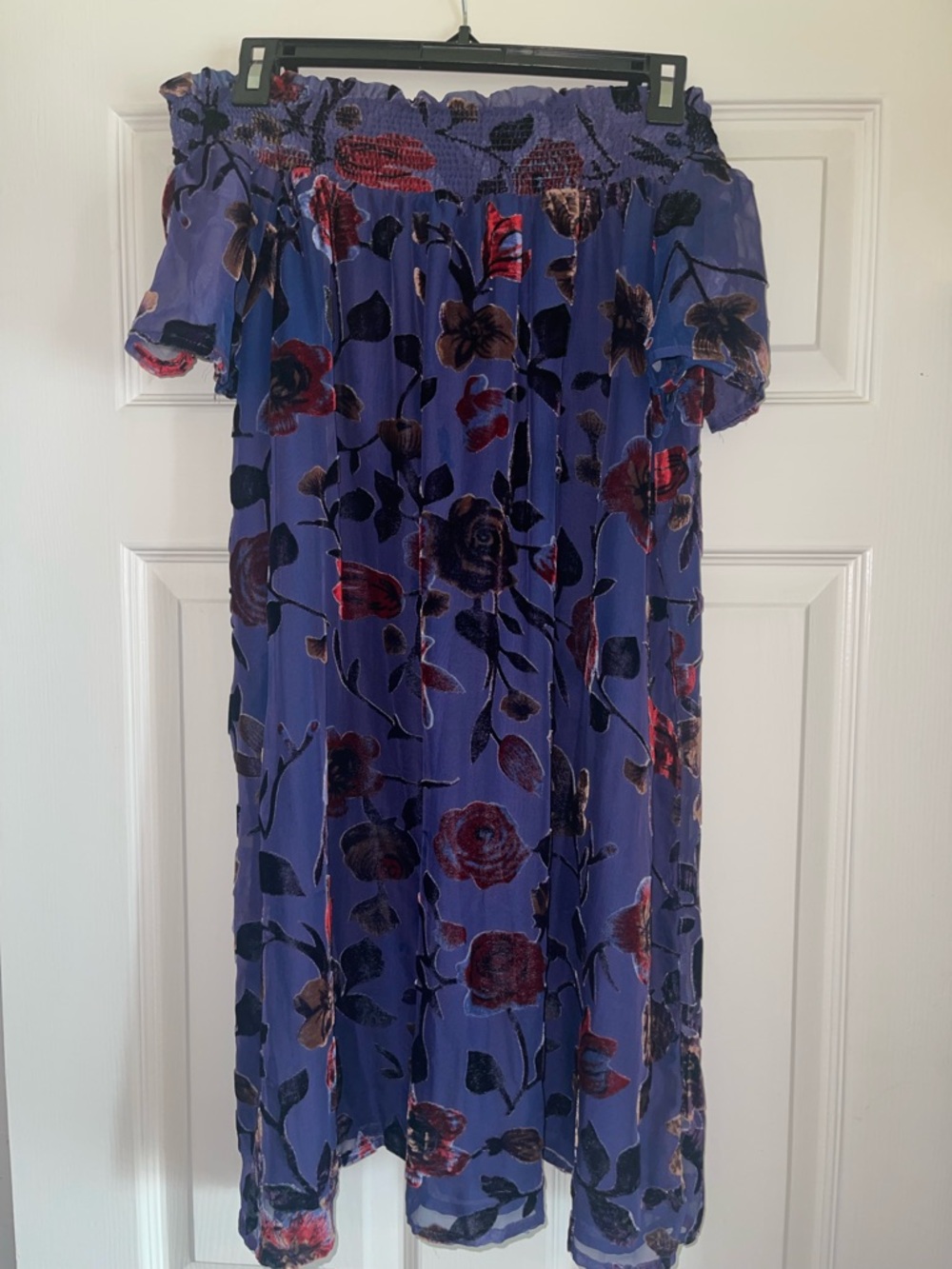 En Creme Navy Dress with Red and Brown Floral Burnout